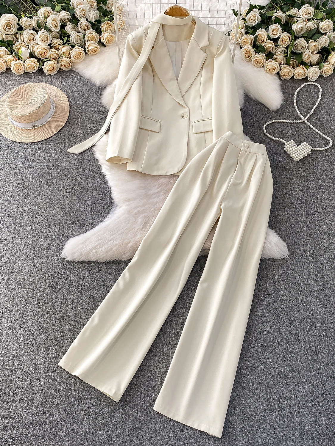 

Ele Commute Profional Faionable Long Sve Suit Coat High Waist Slim Wide Leg Pants Set High Quali Women's Wear