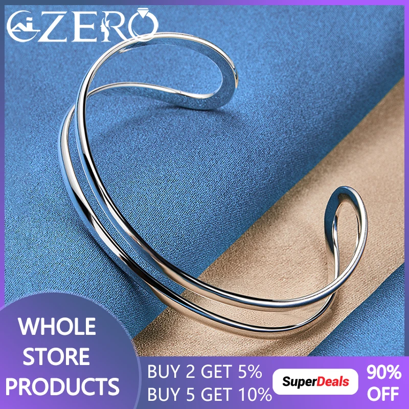 

ALIZERO 925 Sterling Silver Double Line Cuff Opening Bangle Bracelet For Women Man Wedding Engagement Party Jewelry Accessories