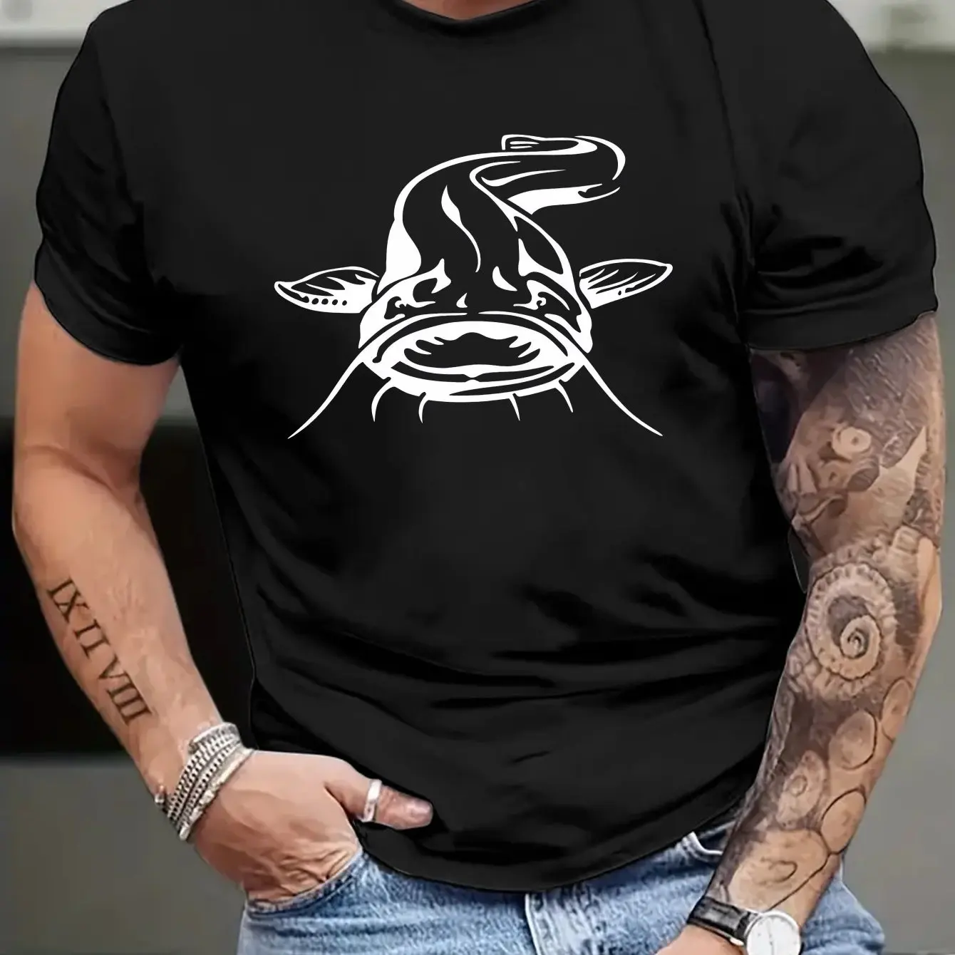 T-Shirt mit Wels-Print, T-Shirts für Herren, lässiges, kurzärmliges Sommermode-T-Shirt für den Sommer, bequeme Herrenbekleidung, Oberteile