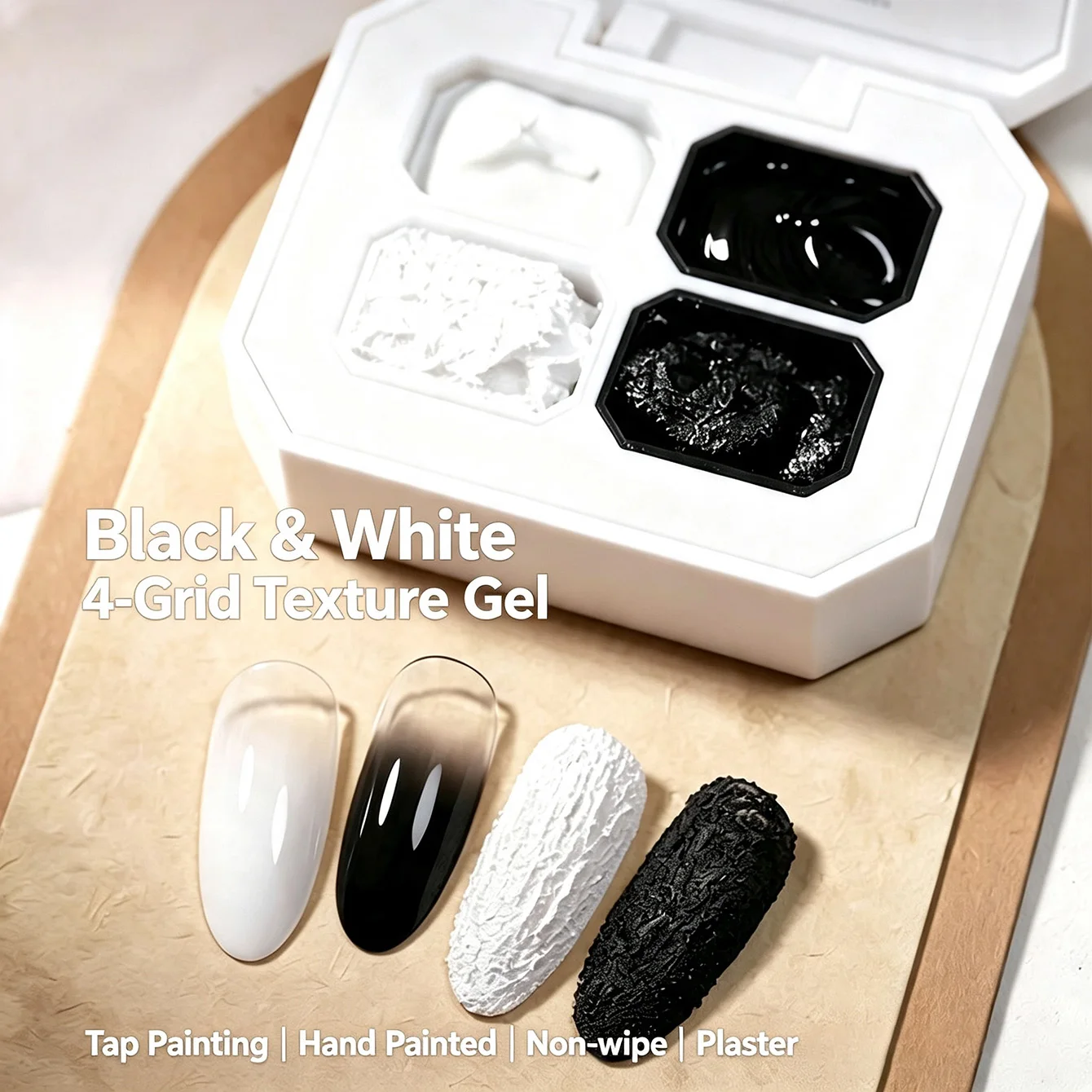 4-Color Palette Black White Plaster Sponge Gel Solid Plaster Effect Seamless Gradient Blending High-Saturation 3D Relief Texture
