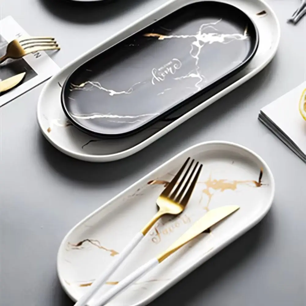 

Marble Texture Nordic Marble Tray Glazed Golden Pattern Oval Shape Western Dish Porcelain Material Luxury Design