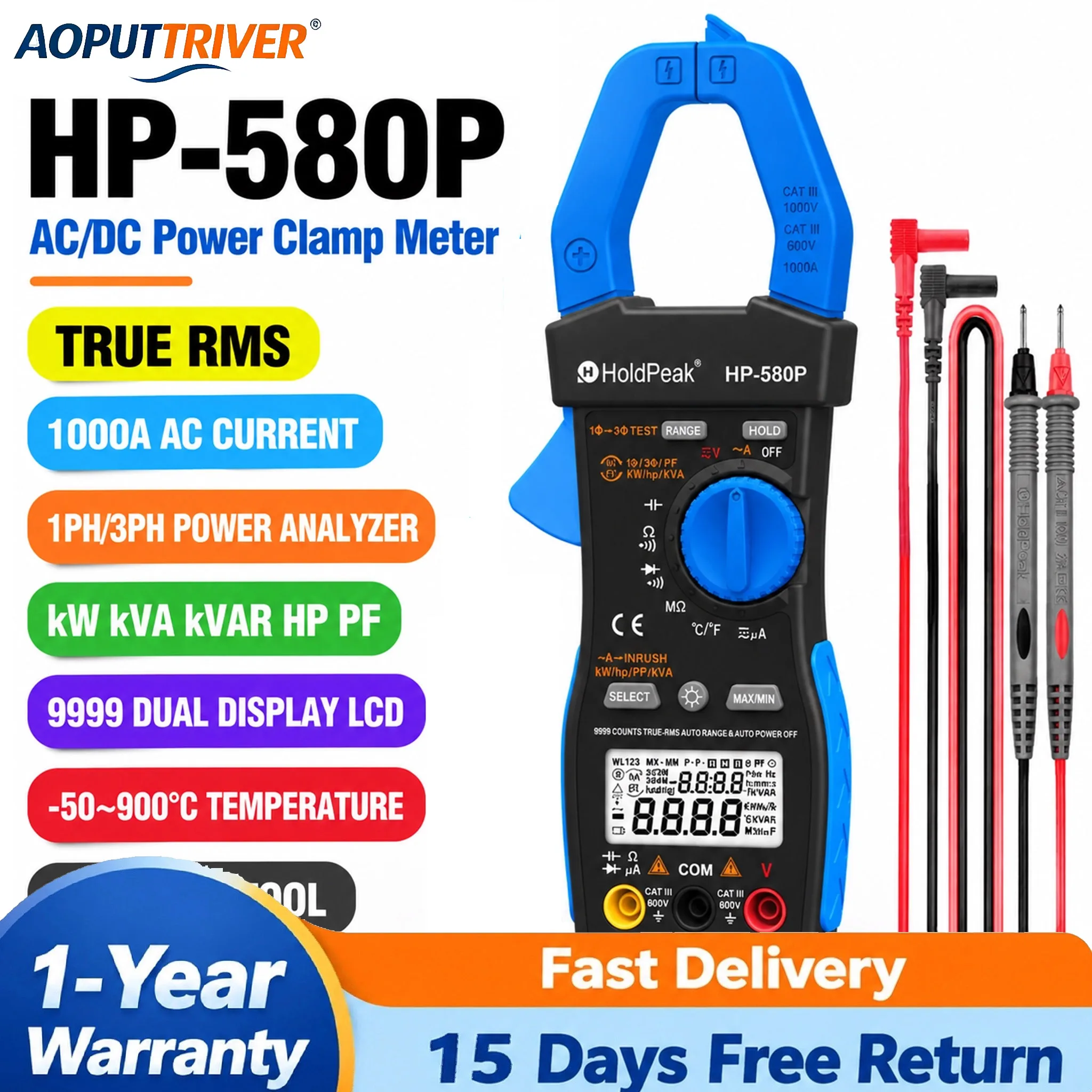 True RMS 580P 3-Phase Clamp Power Meter Analyzer HVAC Motor Inrush Tester AC/DC Voltage Current Capacitance Temp Data Logger