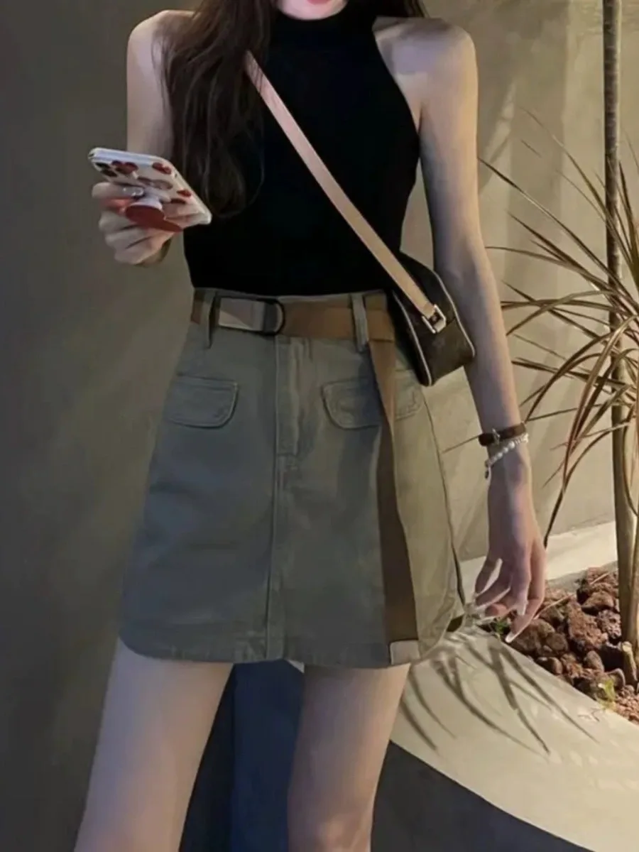 

High Waist Denim Skirt Women's Summer New Large Size Faion Retro Sweet And Spicy A-Line Skirt with kets