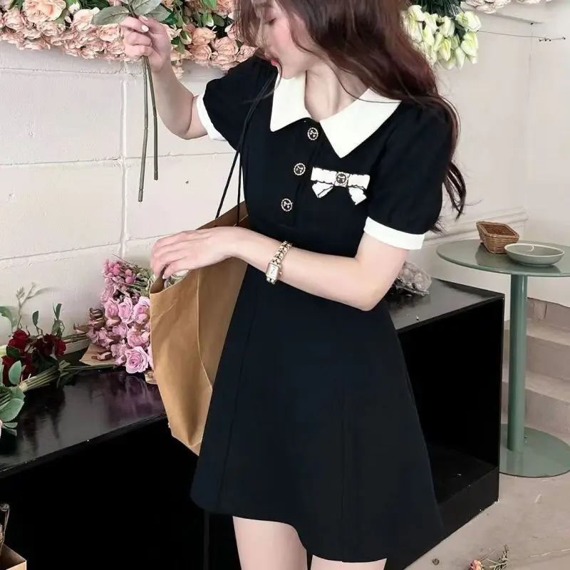 2024 Summer Women Sweet Bowknot Polo T Shirts Mini Dress Korean Preppy Style Lady Patchwork Slim Dresses Daily Joker Clothing