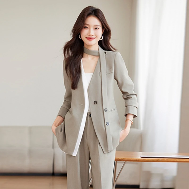 

2025 Trendy Women's Blazer Set Spring Fashion Casual Solid Color Suit Long Sleeve Jacket and Pants Office Wear​