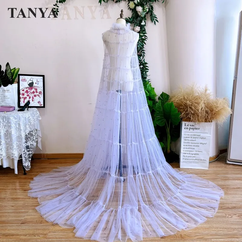 Lavender Tulle Pearls Modest Long Wedding Cape Bohemian Brides Wraps Floral Lace Sweep Train Bridal Accessories YSAN