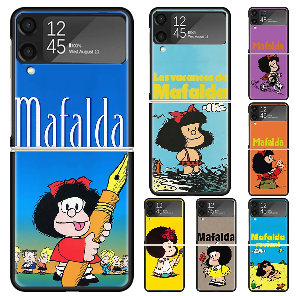 Mafalda Cartoon Hard PC Phone Case For Samsung Galaxy Z Flip 6 5 4 3 Black Cover ZFlip6 Flip5 Flip4 5G Foldable Print Cases