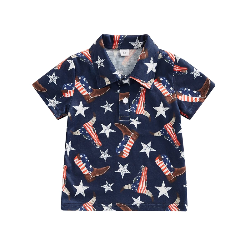 

Independence Day Kids Boys T-Shirts Cow Head Flag Letter Person Head Print Tops Turn-Down Collar Short Sleeve Summer Shirts