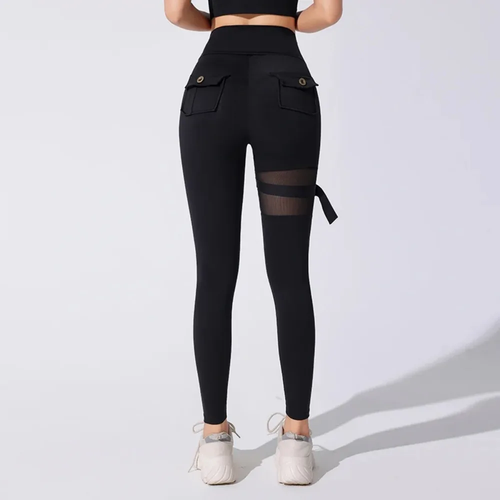 Summer Women Solid Pocket Fitness Pants With High Waist and Hip Lifting Solid Strap Slim Fit Running Sports Leggings