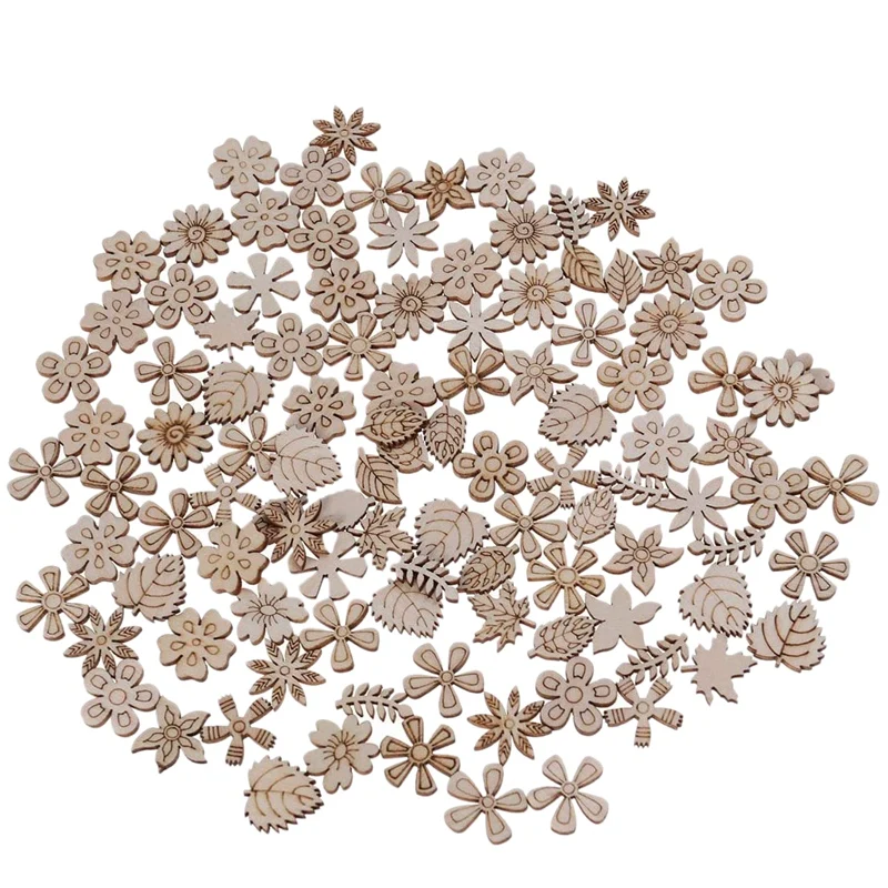 100Pcs Wood Discs Slices Flower Shape Unfinished Wooden Cutouts Craft DIY Decoration