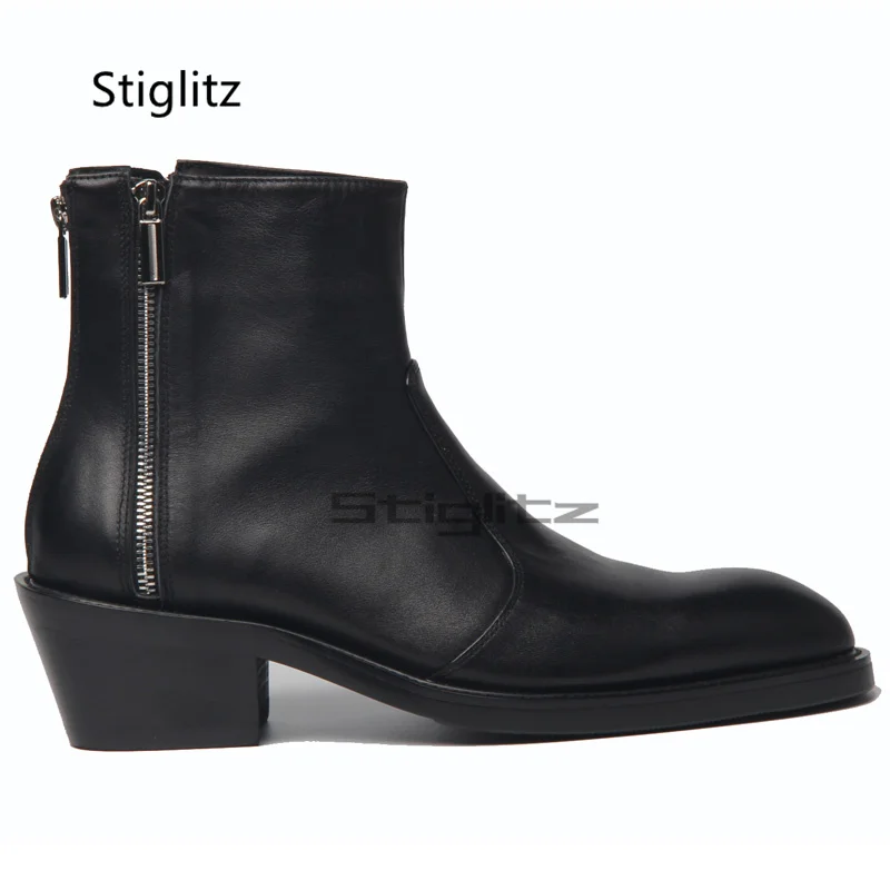 Small Square Toe High Heeled Men\'s Boots Black Genuine Leather Ankle Boots Business Dress Wedding Shoes Male Chelsea Boots