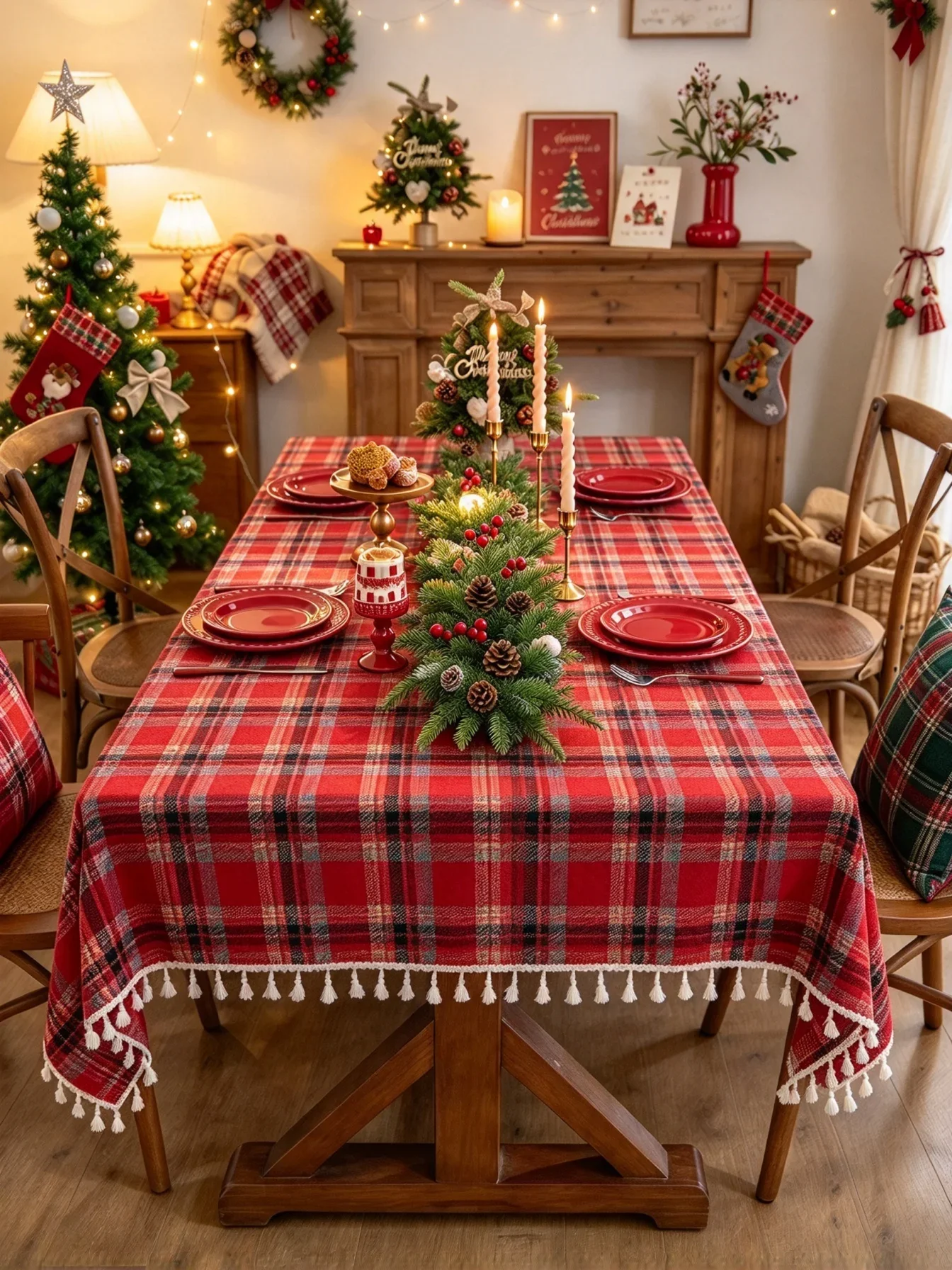 1pc Tablecloth | Red Tartan Plaid, Tassel Edge | Wrinkle Resistant | Christmas Winter Party | Dining Table | Farmhouse Rustic