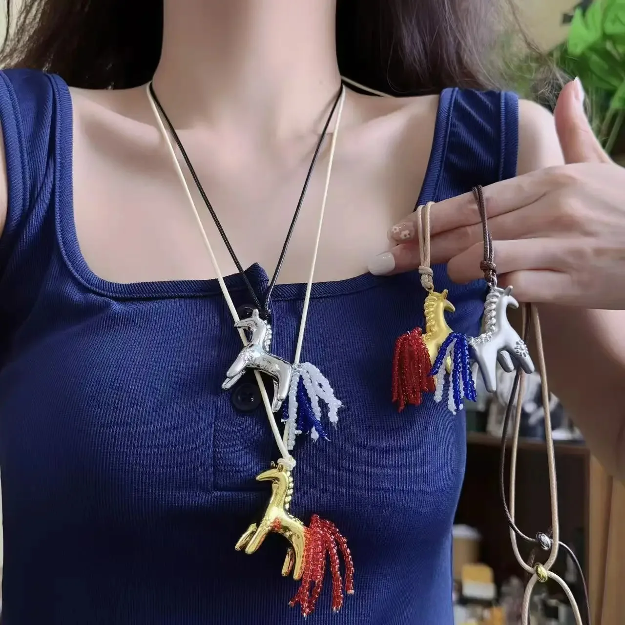 

New Cartoon Horse Luxury Metallic Beads Strand Tassel Pendant Necklaces for Women Long Adjustable Wax Rope Chain Choker Jewelry