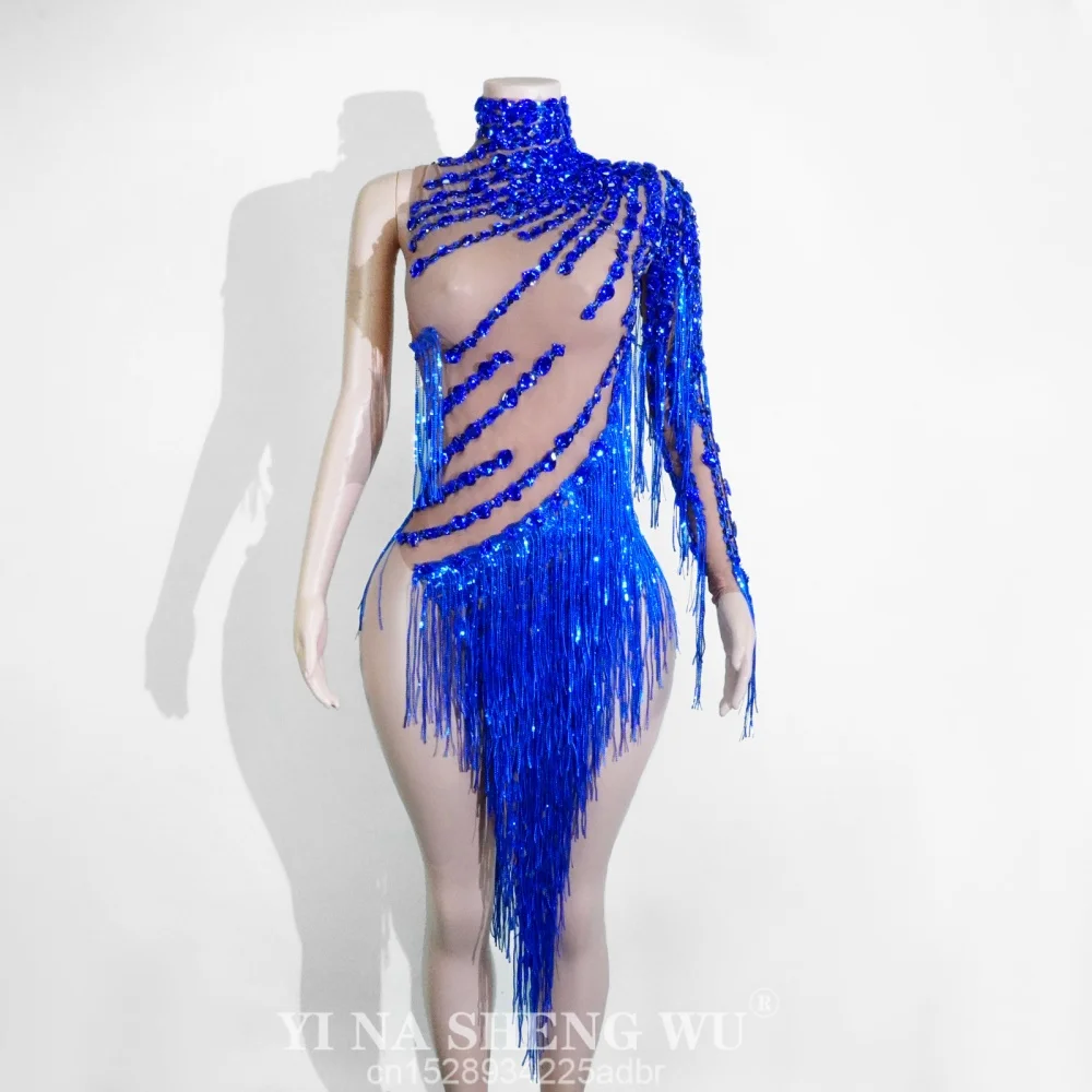 Vestido transparente sexi con borlas y diamantes de imitación brillantes para mujer, trajes de baile latino con un hombro, Bar, fiesta en club nocturno, disfraz nuevo