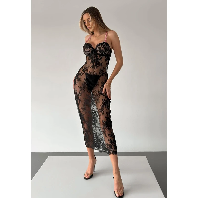 فستان نوم نسائي شفاف من Combhasaki فستان نوم شفاف مزين بالزهور وأشرطة رفيعة ورقبة على شكل حرف v فستان طويل مع ثونج على شكل حرف g