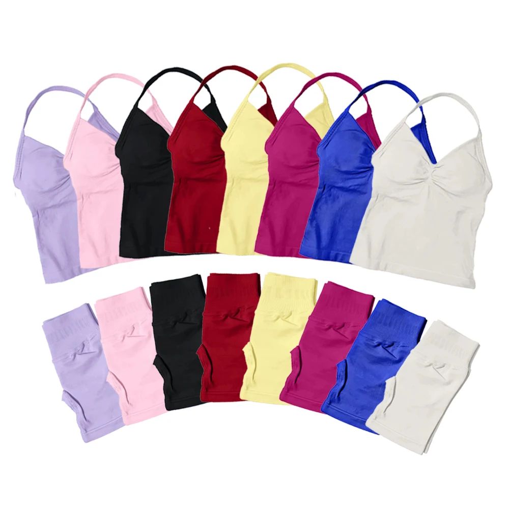 

2 шт. костюм для йоги, женский бесшовный бюстгальтер для йоги на шнуровке, топ, шорты с высокой талией, спортивный костюм, костюм для фитнеса, спортивная одежда