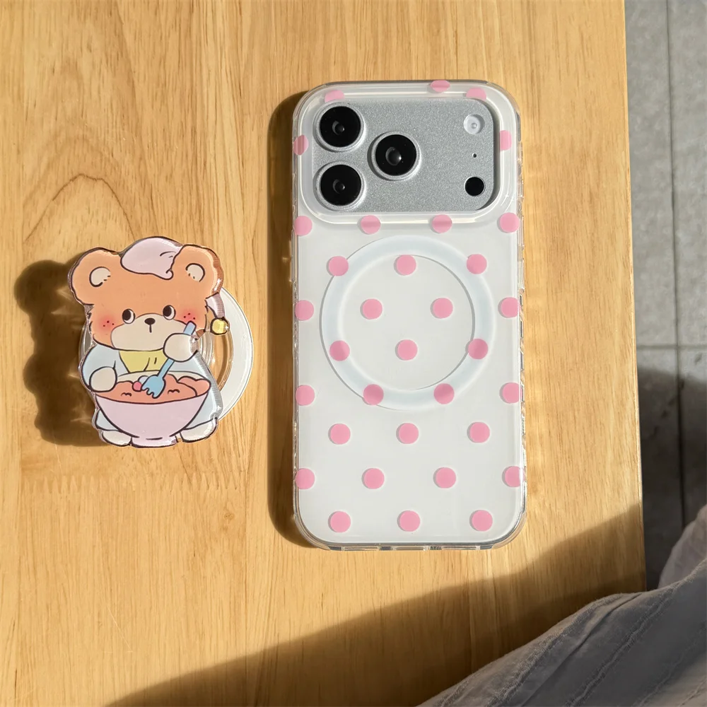 Cute Pastel Pink Dot Print Magnetic Phone Case For iPhone 15 16 17 ProMax Cases With Magsafe Cartoon Bear Acrylic Grip Kickstand