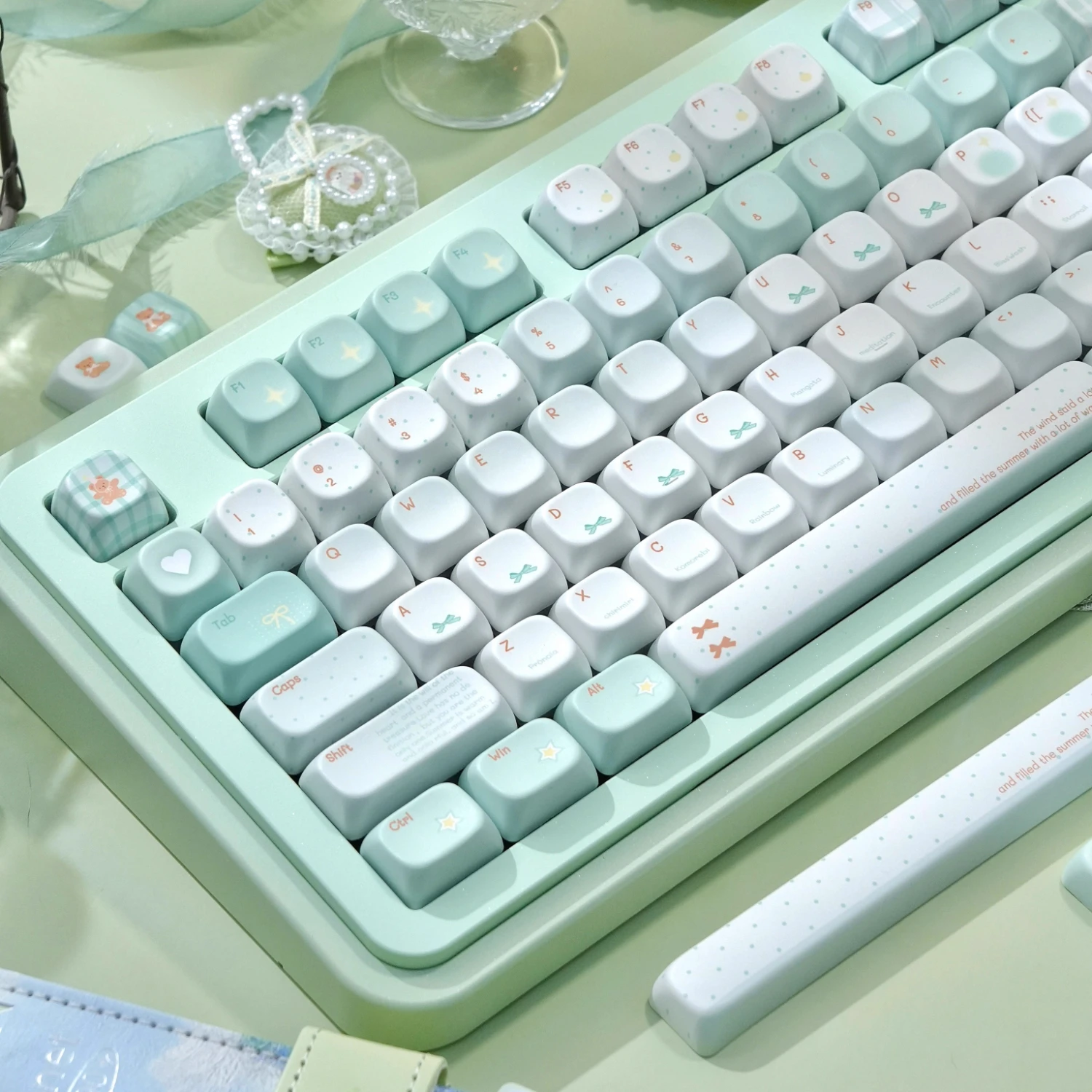 MAIMOOO-teclas de menta y sal marina, 147 teclas, perfil FOA, blanco fresco, verde, PBT, juego de teclas personalizadas, tapas redondas para teclado con lazo de oso bonito