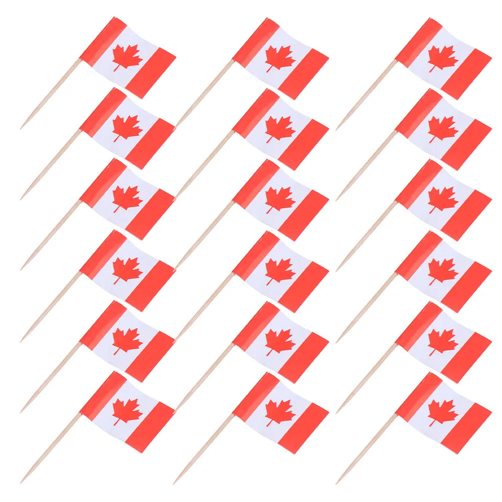 150 palillos de madera con la bandera de Canadá, mini palillos de madera para decoración de alimentos, aperitivos, pasteles, platos de queso, marcadores para buffet.