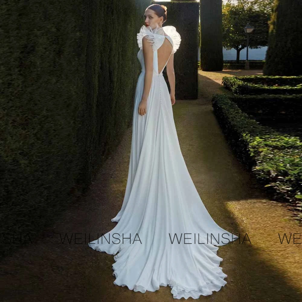 Dreamy Wedding Guest Dresses Chiffon A-line Wedding Party Dresses Ivory V-neck Ruffles Pleat Backless Button Wedding Dresses