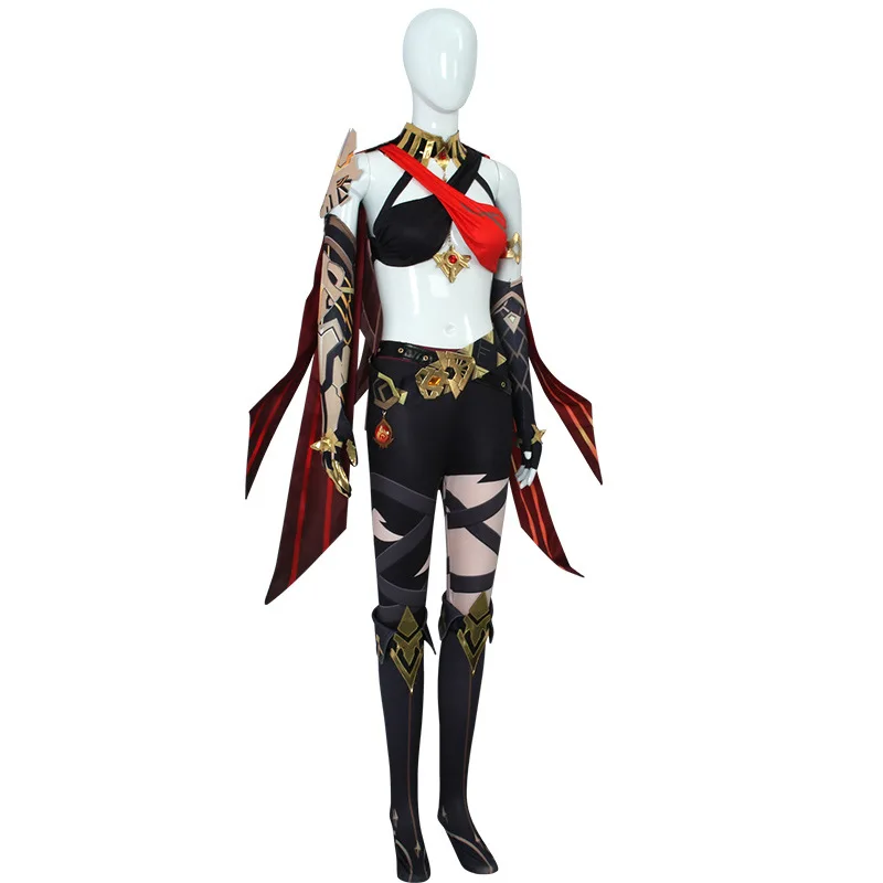 Disfraz de Anime Genshin Impact Dehya para mujer, conjunto completo de camisa Sexy, pantalones, calcetines, traje de peluca Dehya, trajes de fiesta de Halloween