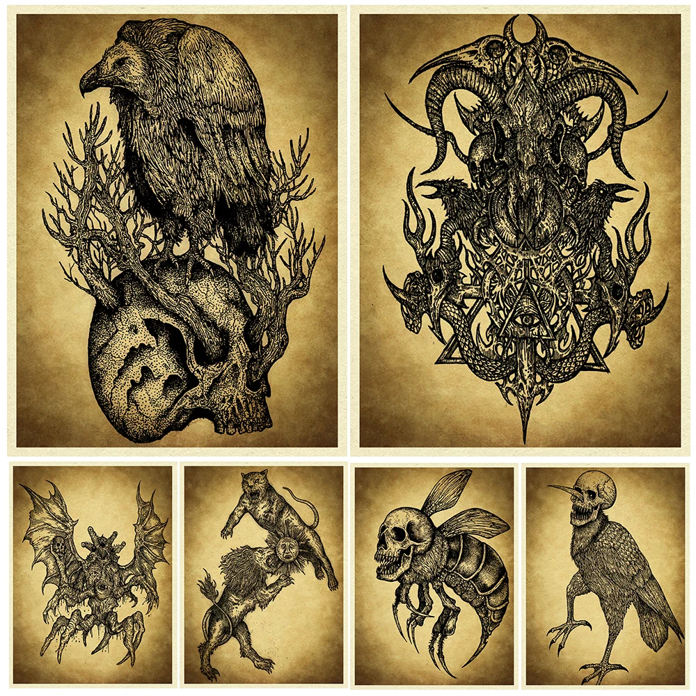 

Horror Fantasy Creatures Vintage Wall Art Canvas Painting,Skull Bird,Vulture,Demon Monster,Art Poster And Print Home Decoration