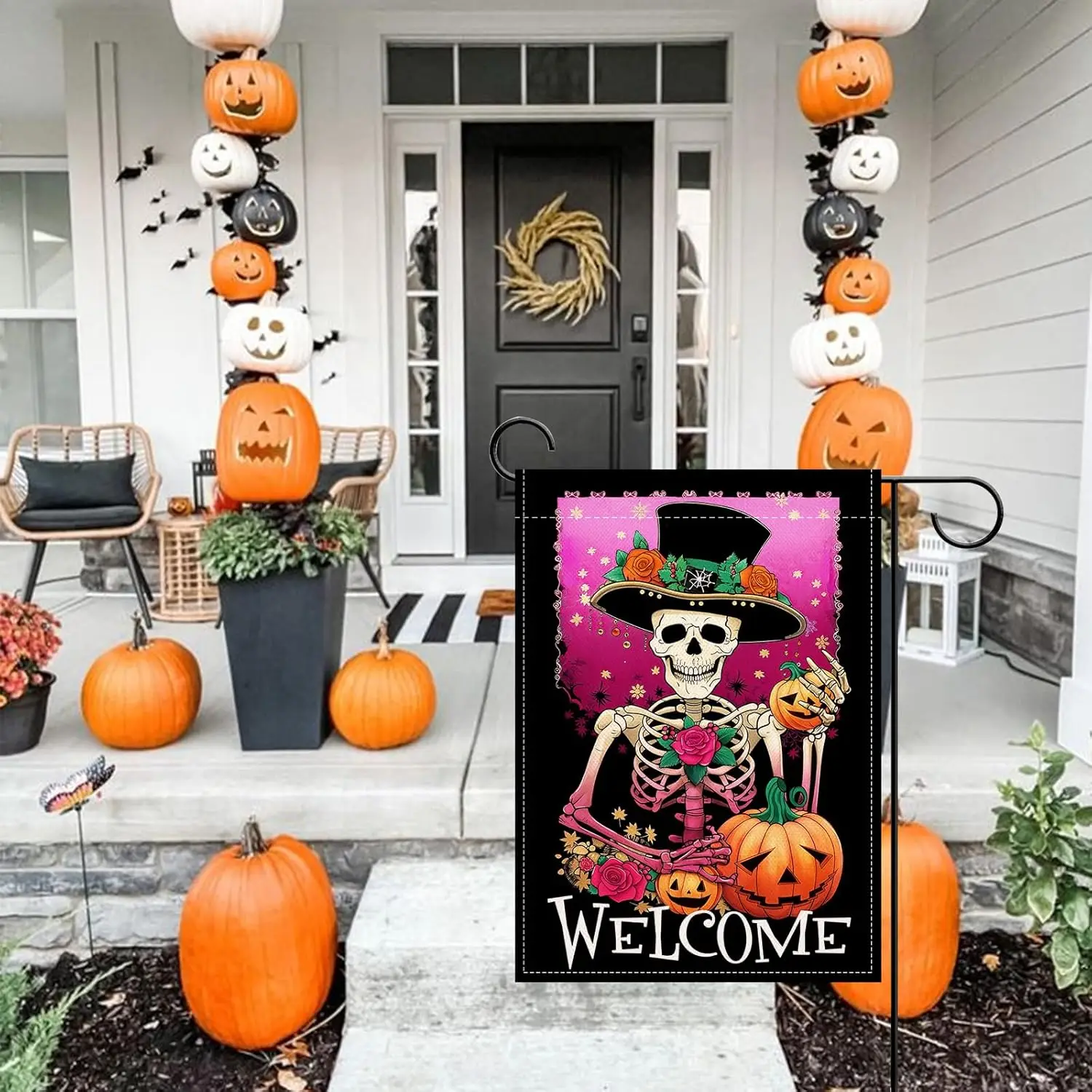 Artofy Welcome Halloween Gothic Skeleton Small Decorative Garden Flag, Pink Horror Skull Jack O Lantern Pumpkin Yard Lawn Ou UUN