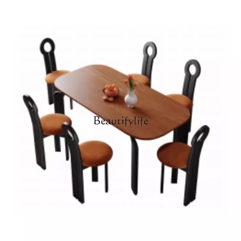 

French retro solid wood dining table, antique household small apartment rectangular dining table and chair combination