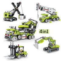 4 in 1 Engineering Lift Trucks Excavator Crane City Construction Vehicle Car Model Building Blocks Bricks Children's Toys Gift