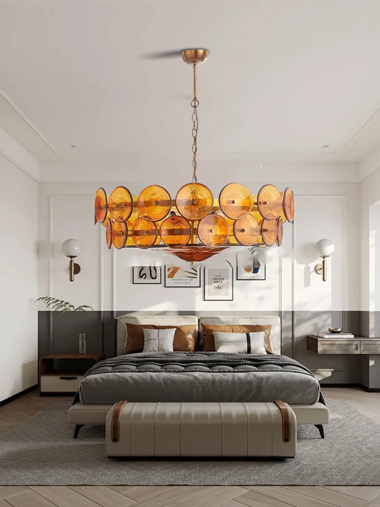 Nordic Vintage Amber Round Glass Ceiling Chandeliers Decoration Living Room Classic Modern Lamps