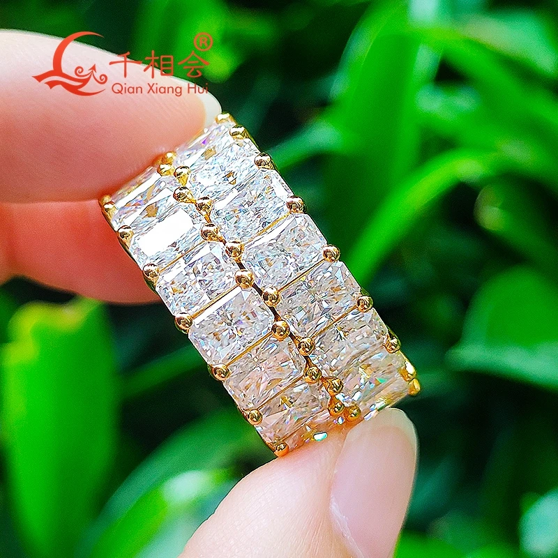 12mm width 4*6mm radiant shape double raws Full Eternity Ring Silver Moissanite Ring Men women wedding datting gift fine Jewelry