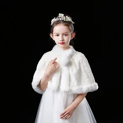Girls Faux Fur Wedding Party Jacket White Wraps Shawl Cape Stole Girls Bolero Shrug For Children Winter Kids Warm Coat 2-12T