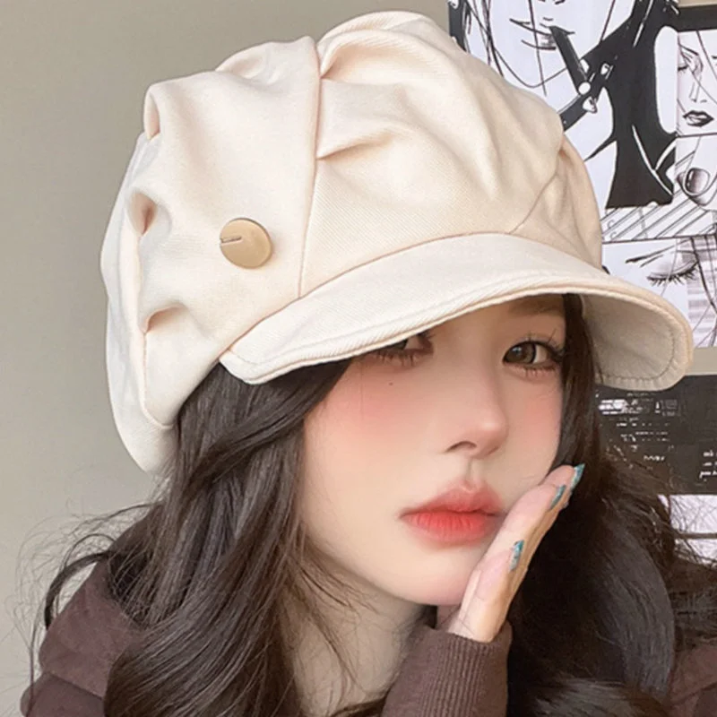 Y2K Cloud Beret Big Head Circumference Women Splicing Octagonal Berets  Pleated Painter Hats British Style Small Face Brim Caps