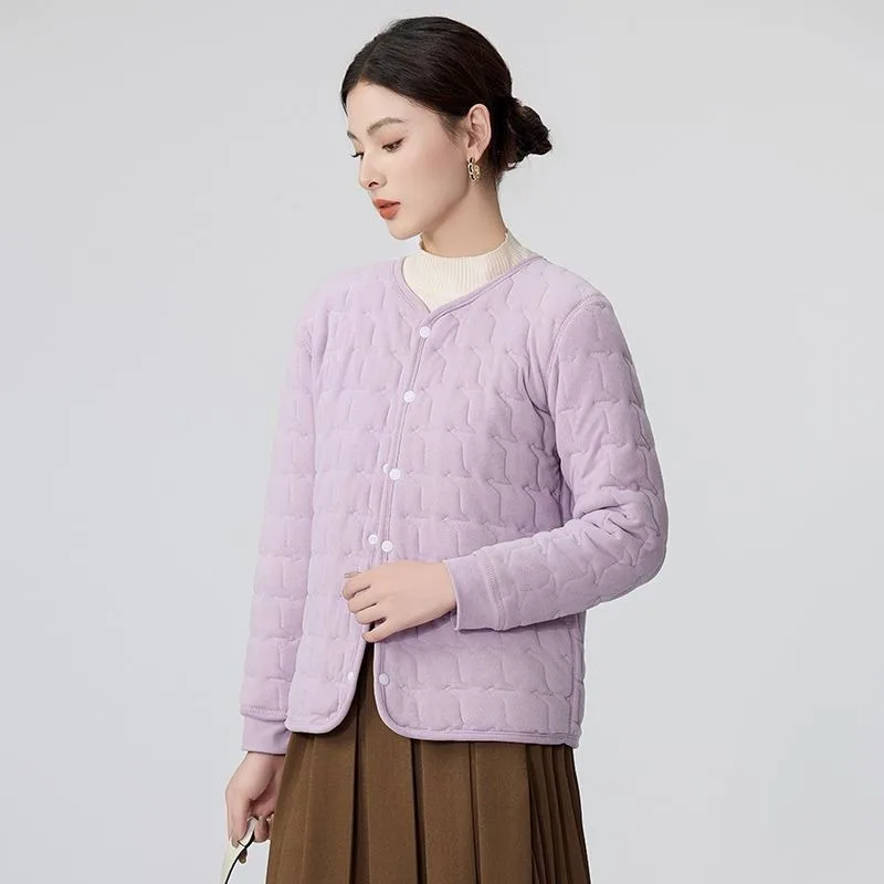 Women Round Neck Quilted Thermal Coat Autumn Winter Fleece Lined Warm Inner Layering Jacket