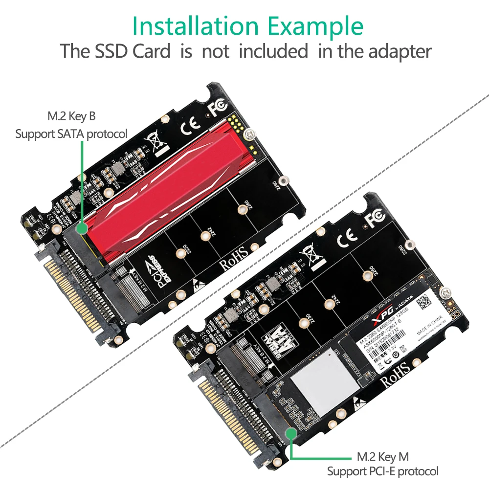 Adaptador M.2 SSD a U2, convertidor 2 en 1 M2 NVMe SATA-Bus NGFF SSD a PCI-e U.2 SFF-8639 PCIe M2 para ordenadores de escritorio