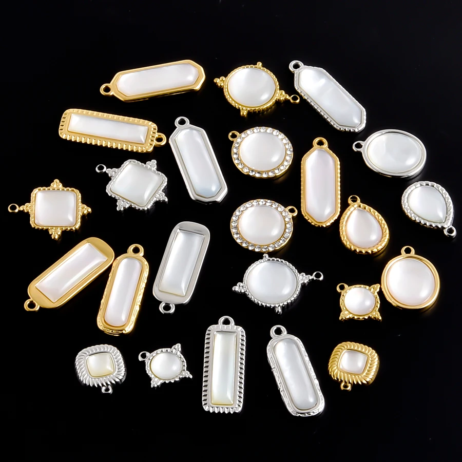 3 Stück gold/silberfarbene PVD-Metallanhänger, weiße Muschel, Edelstahl-Anhänger für Schmuckherstellung, Strass-DIY-Anhänger – Detail 1