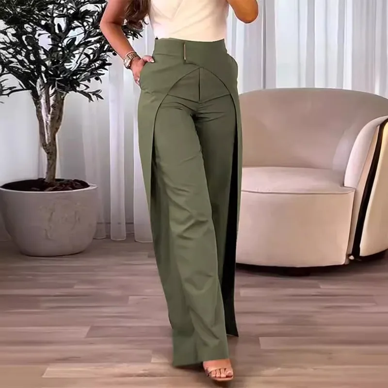 Spring Summer New Women\'s Clothing Solid Color Fashion Staggered Design Casual Wide Leg Pants Loose Trouses