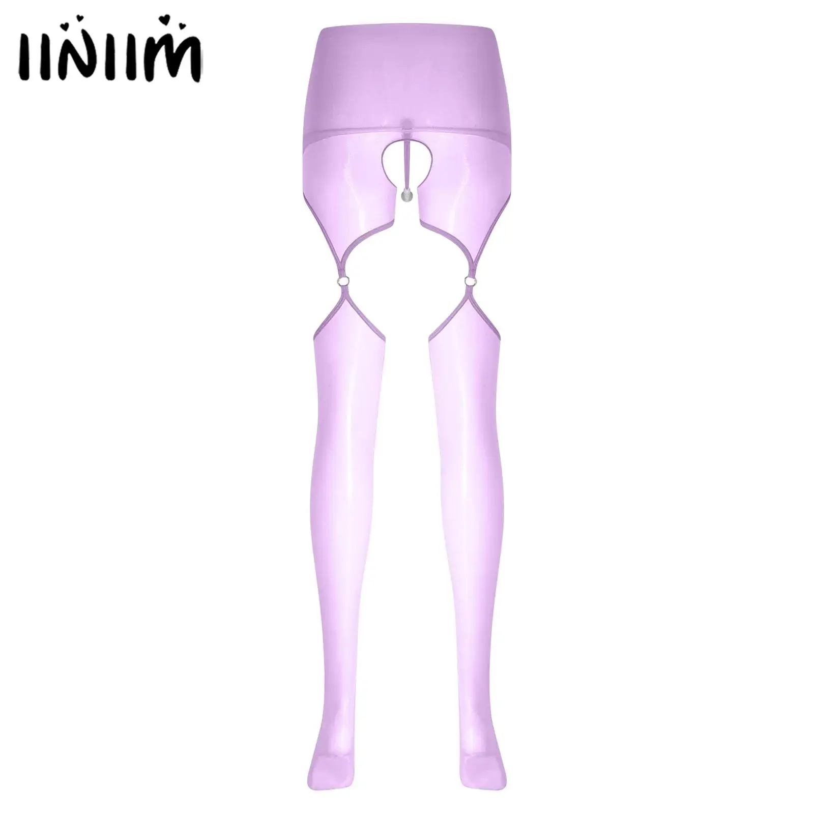 

Womens Lingerie Glossy See Through Pantyhose Hollow Out Open Crotch with Faux Pearls Band Bodystockings Footed Leggings Tights