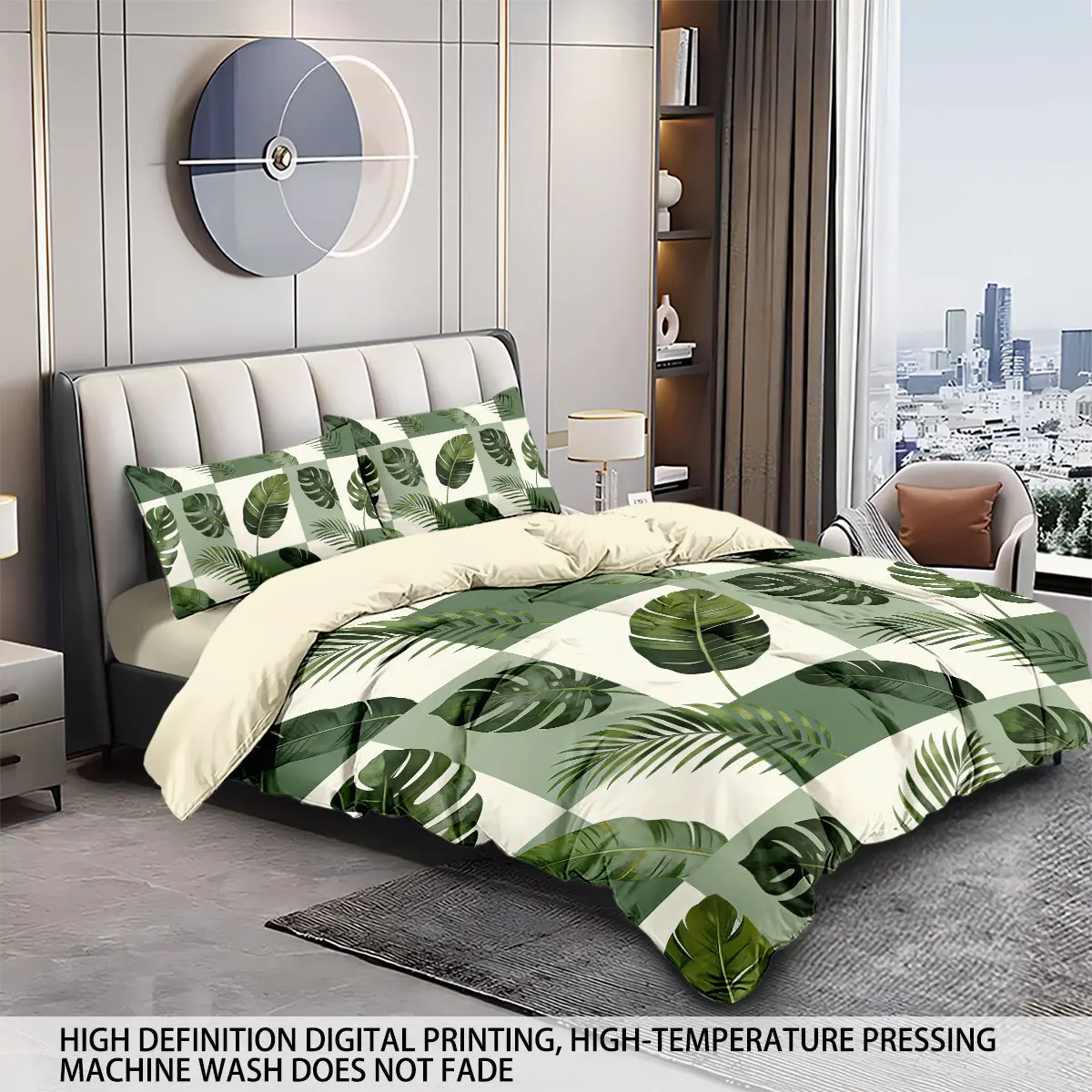 Green Plant Leave Bedding Set 3D Print Brushed Duvet Cover for Bedoom Dormitory Decor, 1 Duvet Cover and 2pillowcase with Zipper