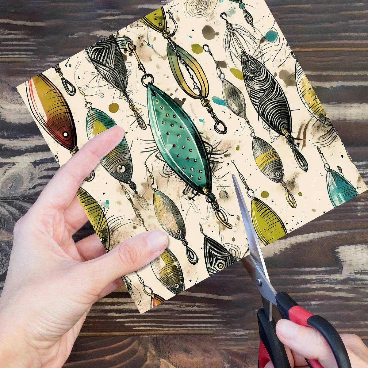 12pcs Vintage Fishing Lure Pattern Scrapbook Paper For Father's Day Themed Card Making,Diy Gift Wrapping,Party Background Decor view 3
