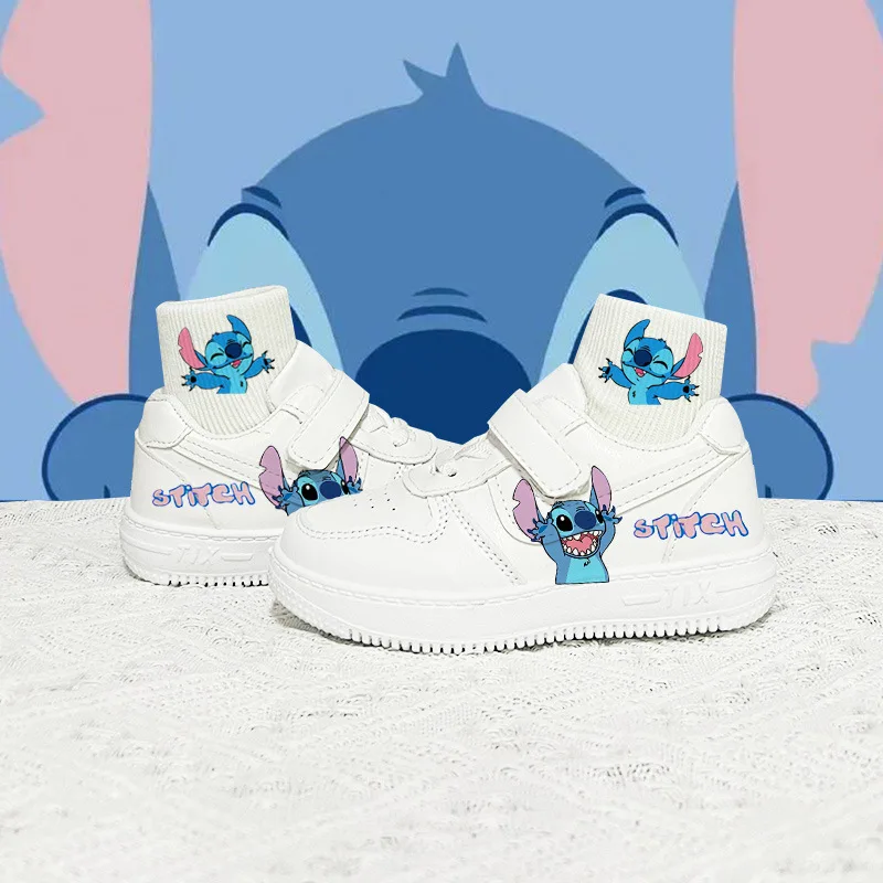 

Disney Stitch Printed Kids Shoes Off White Shoes Boys and Girls Cartoon Hand Drawn PU Leather Waterproof White Kids Sneakers