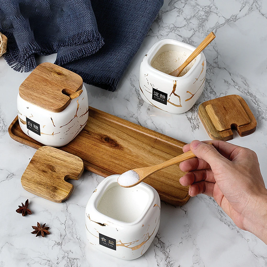 Seasoning Pot Nordic Marble Pattern Ceramic Spice Jar Set Storage Box Matte Wooden Cap Condiment Bottles Container Set