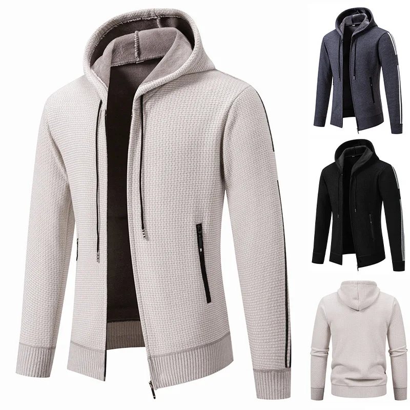 Winter new men's pullover hooded sweater coat, Korean-style thick knitted sweater coat with added padding, men's sweater coat
