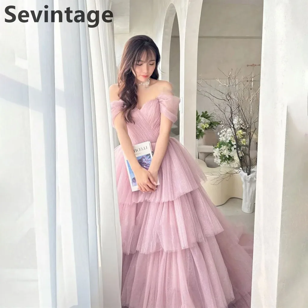 Sevintage 2025 Blush Pink Tulle Floor Length Maxi Evening Dress Off Shoulder A-Line Gown Vintage Maxi Tiered Prom Gowns