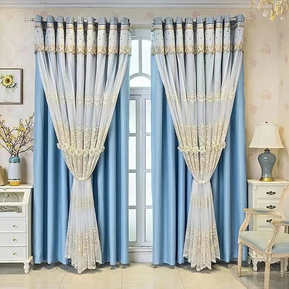 1 Panel 132cm Width European Double Layer Curtain with Valance for Living Room Bedroom Luxury 3D Flower Embroidered Curtain