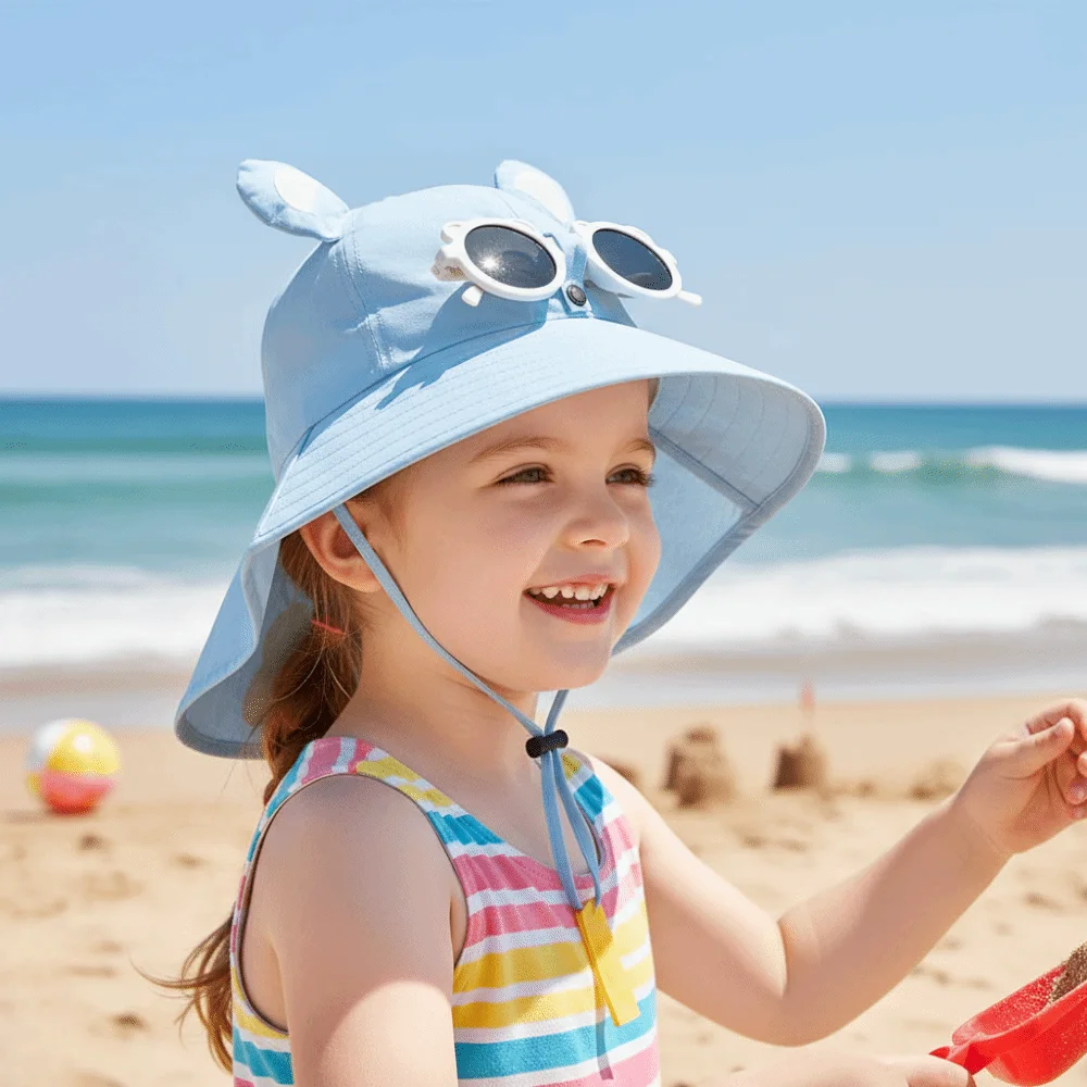 

Детская пляжная шляпа с широкими полями и удлиненной защитой для шеи, складная, для лета и весны, от солнца