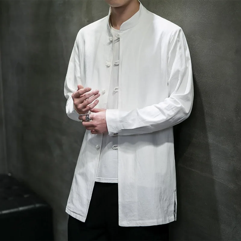 Men's White Cotton-Linen Long Shirt with Traditional Buttons, Spring-Autumn Loose Fit Chinese Style Casual Top with Stand Collar