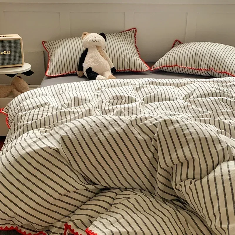 New Shell Edge Pure Cotton Bedding Set Simple Striped Printed Skin Friendly Comforter Cover Sets Washable Non Fading Bed Linens