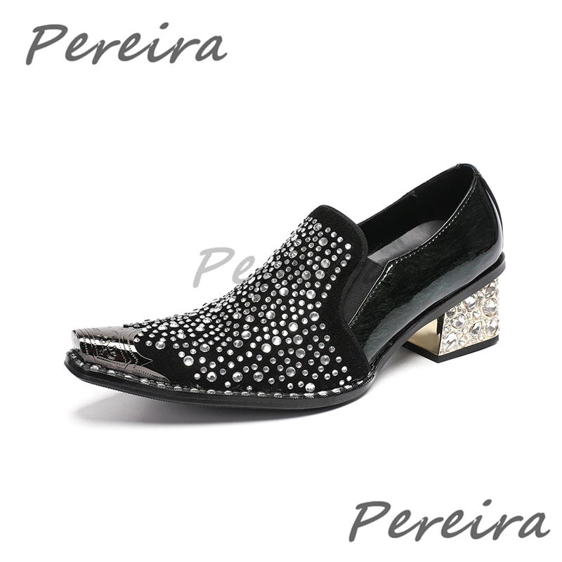 Men's Pointed Toe Business Dress Shoes Rhinestone Decor Black Suede Patchwork Metal Chunky Heel Loafers Party Prom Wedding Shoes