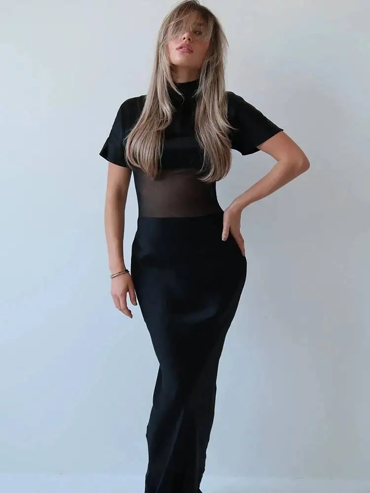 Blifanbo Turtleneck Sexy Mesh Short Sleeve Maxi Dress Women Gown Elegant Bodycon Patchwork Sheer Backless Club Party Long Dress